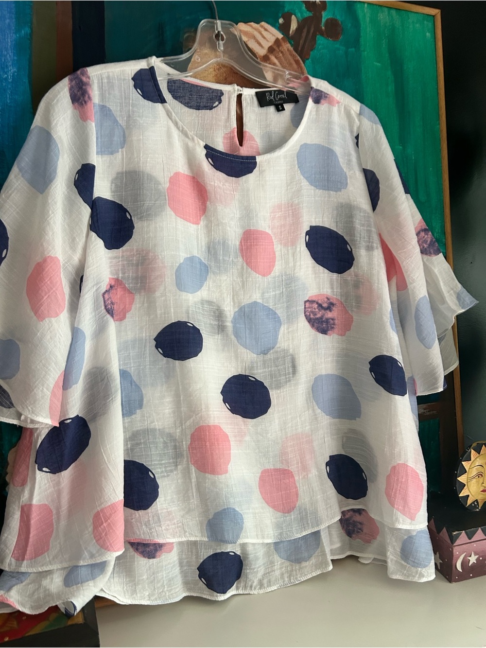 Red Coral Womens Small White Pink Blue Polka Dot Layered Blouse Boho Artsy Top - Picture 15 of 16